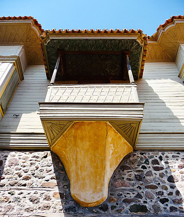 Old beautiful wooden balconies in Petra on Lesvos.