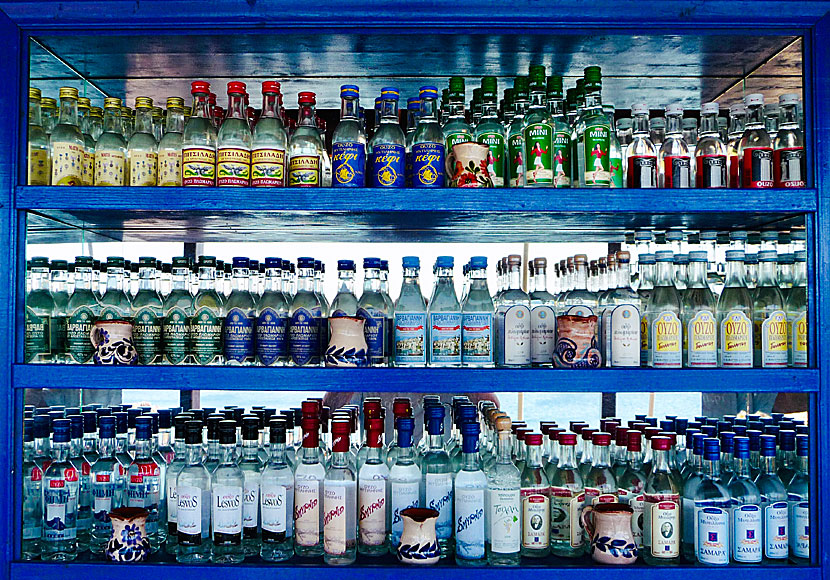 The range of ouzo from Lesbos is large at Remezzo Restaurant in Sigri.