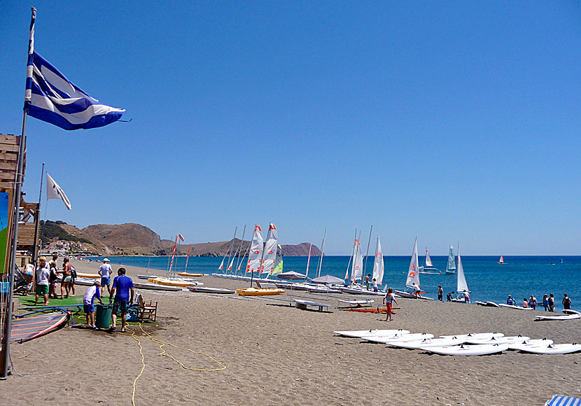 Sailors and windsurfers at Skala Eressos beach in Lesvos.