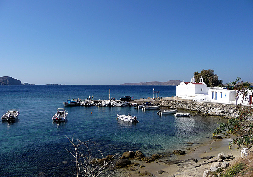 The small port and church at Agios Ioannis beach in Mykonos.