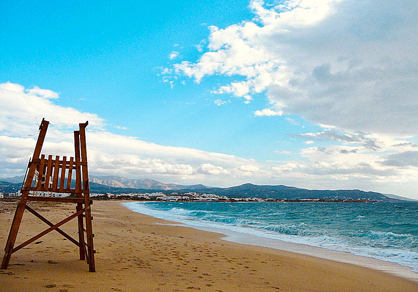 Lifeguard tower and lifeguards on the sandy beaches of Naxos.