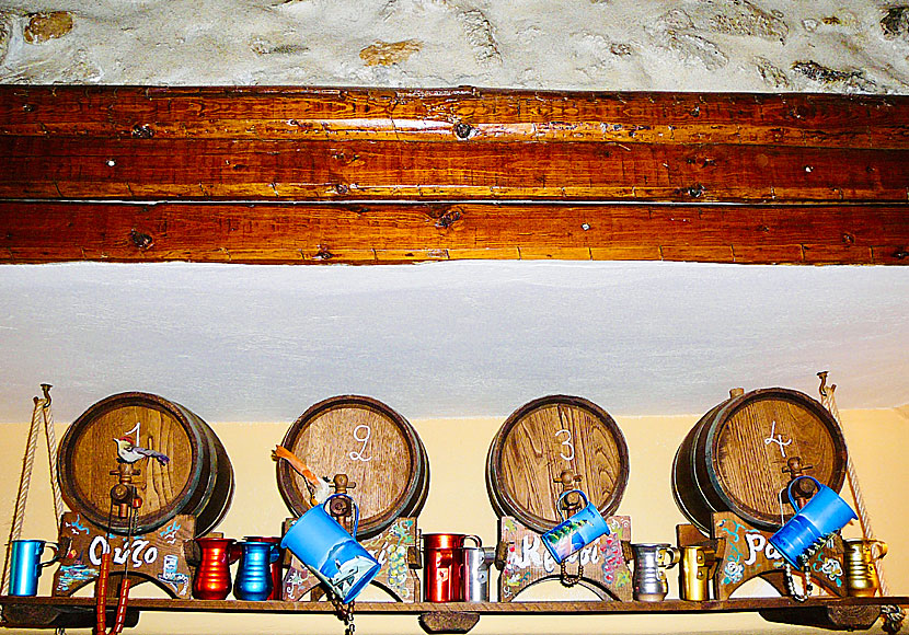 At Metaxi Mas you can choose white wine, red wine, ouzo and raki by the carafe.