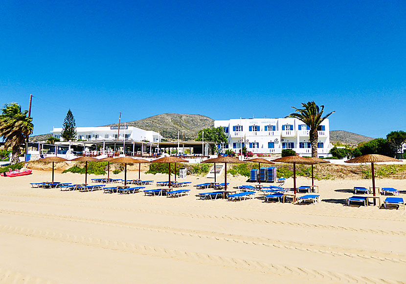 Tavernas, restaurants and hotels at Golden beach on Paros in the Cyclades.