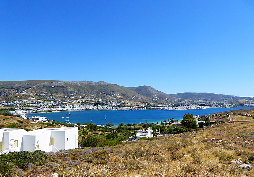 Livadia beach and the port of Parikia on Paros.