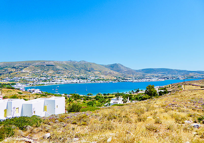 Livadia beach and the port of Parikia on Paros.