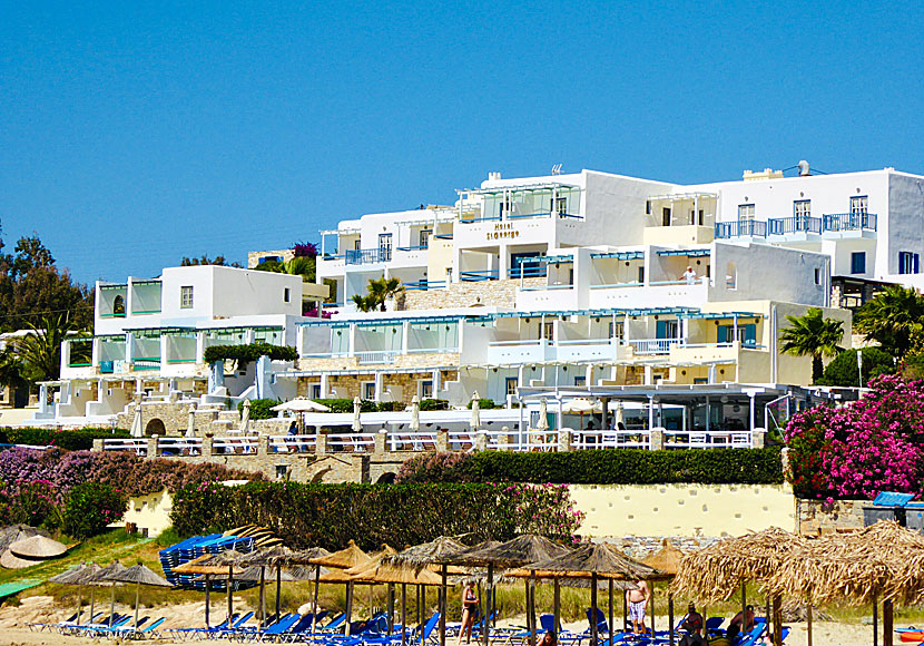Tavernas, restaurants and hotels at New Golden beach on Paros in the Cyclades.