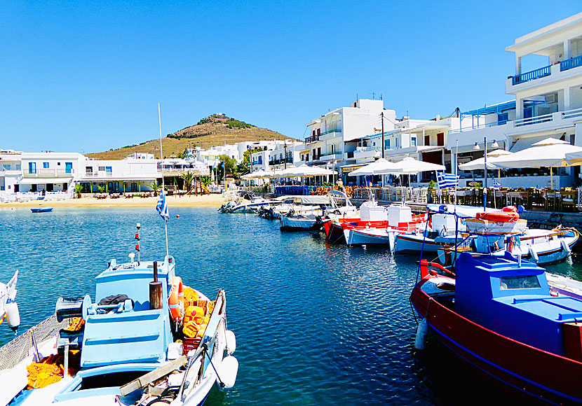Restaurants along the beach and port promenade in Piso Livadi. Paros.