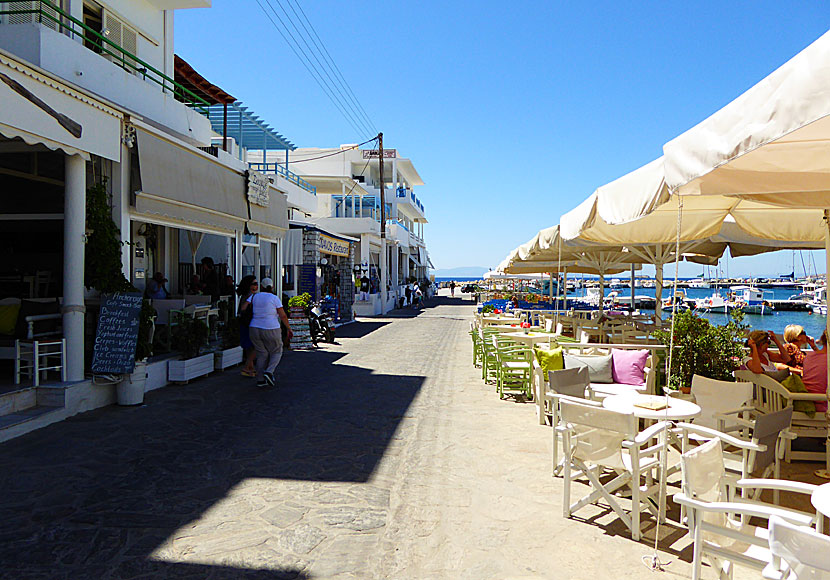 Restaurants along the beach and port promenade in Piso Livadi on Paros.