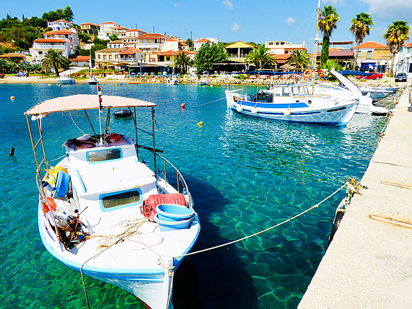 Fishing boats and fish restaurants in the small port of Finikounda.