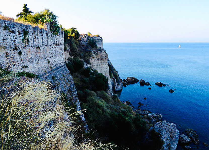 The defensive wall of Koroni Castle seen from Livadia. Opposite the village of Koroni lies the stunning village of Kardamili in Mani.