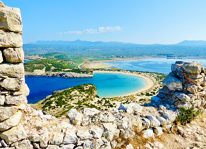 Voidokilia beach seen from Paleokastro where Nestor's cave is located.