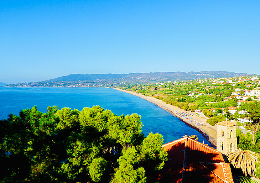 Panagia Eleistria church, the bell tower and the beaches of Zaga and Memi near the village of Koroni and Koroni Castle.