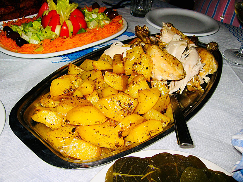 Main dishes from Greece. Chicken in the oven - Kotopoulo sto fournou - served with oven-baked potatoes.