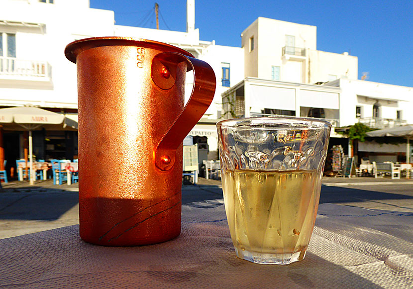 In Greece, you can order wine in wine carafes and drink it out of small Duralex glasses.