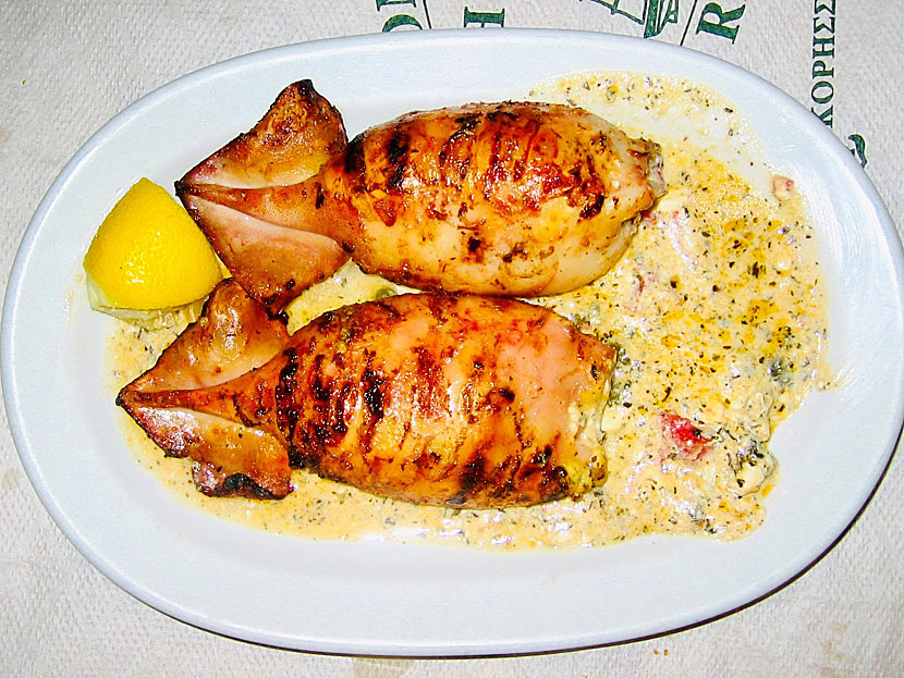 Main dishes from Greece. Stuffed squid - Kalamari gemisto - can be boiled, baked or grilled.