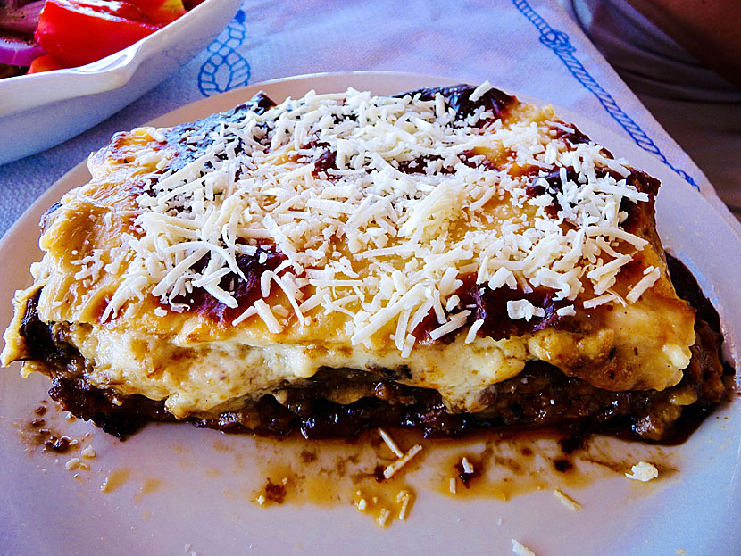 Main dishes from Greece. Moussaka is a baked dish consisting of sliced eggplant and potatoes interspersed with minced meat.