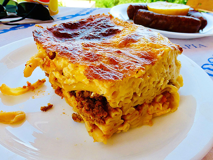 Main dishes from Greece. Pastitsio consists of long hollow pasta, ground beef or lamb and Bechamel sauce.