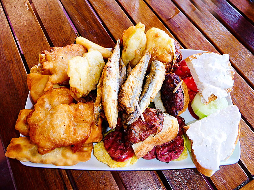 Starters and appetizers from Greece. Pikilia is a platter with a selection of small dishes.