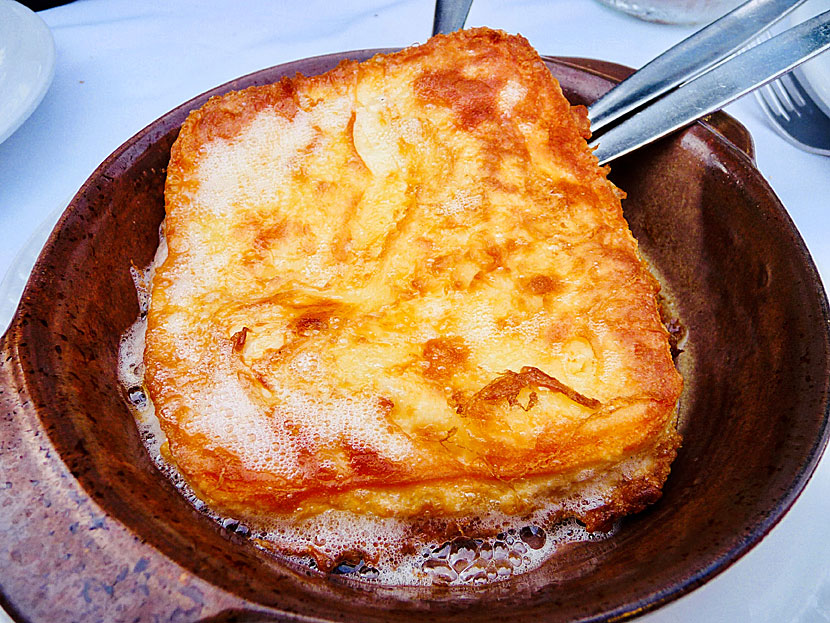 Starters and appetizers from Greece. Saganaki is a fried cheese from the Greek cheeses Graviera and Kefalotiri.