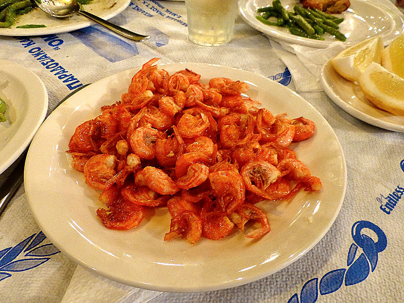 Starters and appetizers from Greece. Symi shrimps - Simiako garidaki - eaten whole with shell, tail and head.