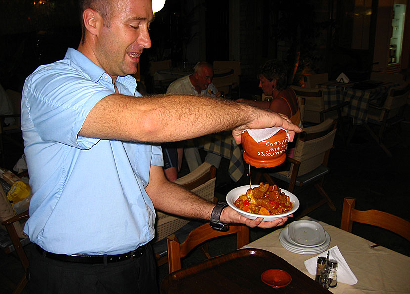 Main dishes from Greece. Stamna is a meat stew that is prepared and served in a ceramic pot.