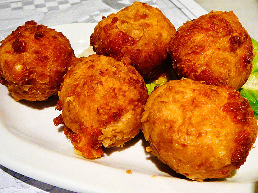 Starters and appetizers from Greece. Cheese balls - Tirokeftedes - can contain different types of cheese.