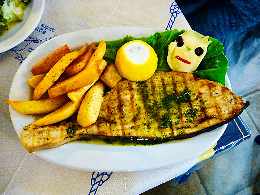 Main dishes from Greece. Swordfish - Xifias - is usually served as a fillet.