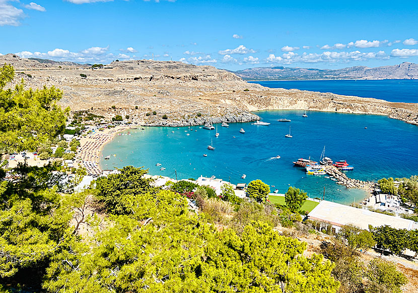 View of Lindos beach and Pallas beach from the Acropolis in Rhodes.