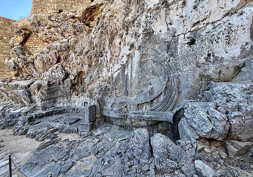 The carved war boat that resembles a Viking ship in the steps at the beginning of the Acropolis.