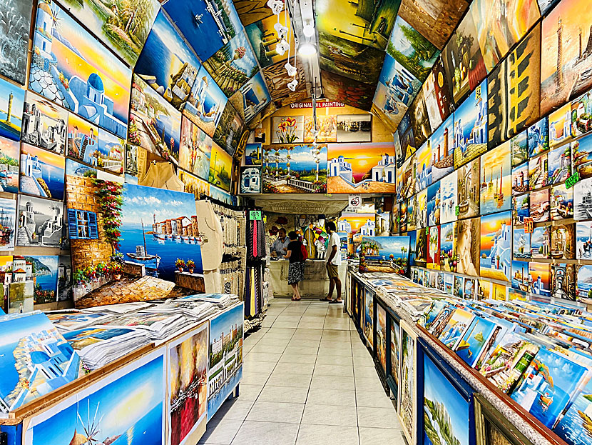 Art galleries and art shops in Rhodes in Greece.