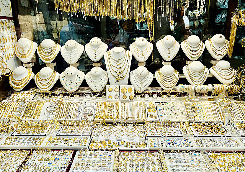 Jewelery and gold shops in Rhodes Old Town.