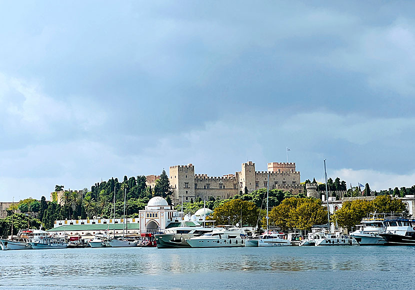 Grand Master's Palace and Mandraki harbour seen from the windmills in Rhodes New Town.