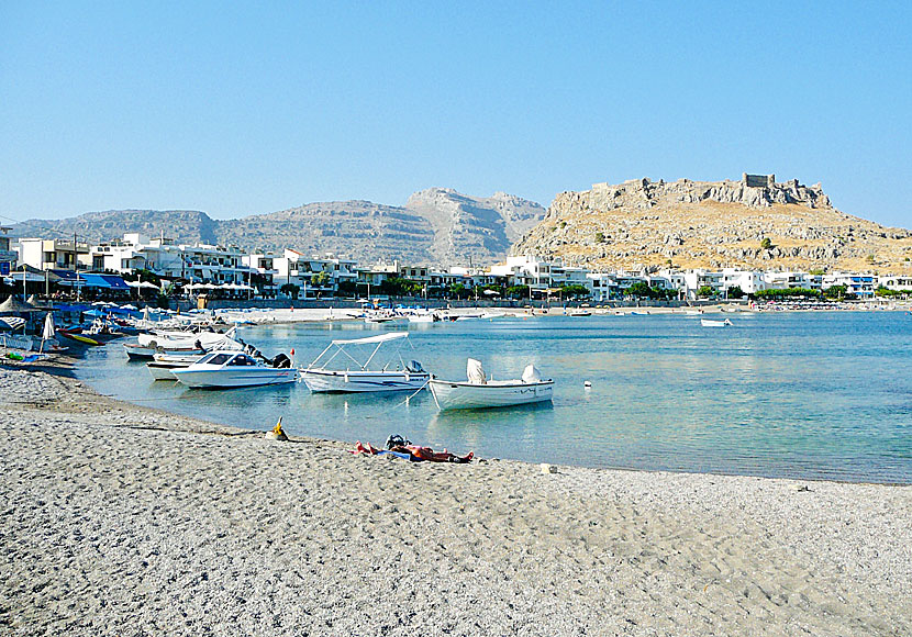 The beach of Haraki and Feraklos Castle in Rhodes.