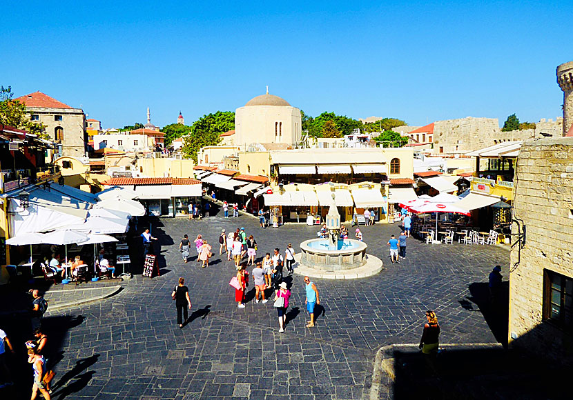 Restaurants, tavernas and bars on Hippocrates square in the old town of Rhodes.