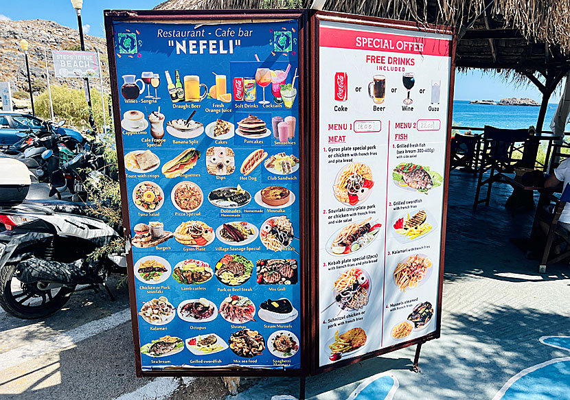 Restaurant Nefeli and other restaurants and tavernas at Lindos beach.