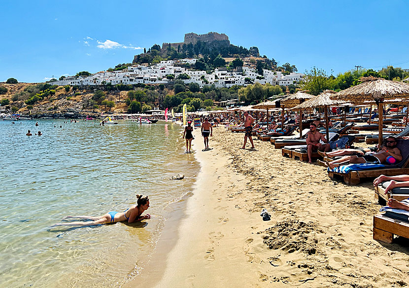 Lindos beach on south-east Rhodes in Greece.