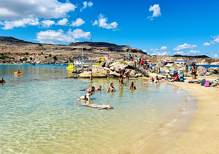 The child-friendly sandy beach of Pallas below the village of Lindos.