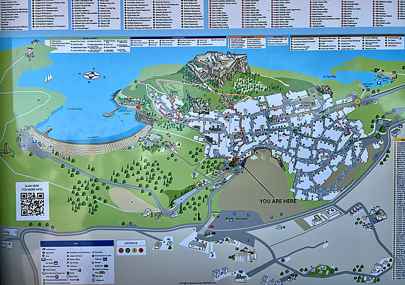 Map of the beaches of Lindos in Rhodes.