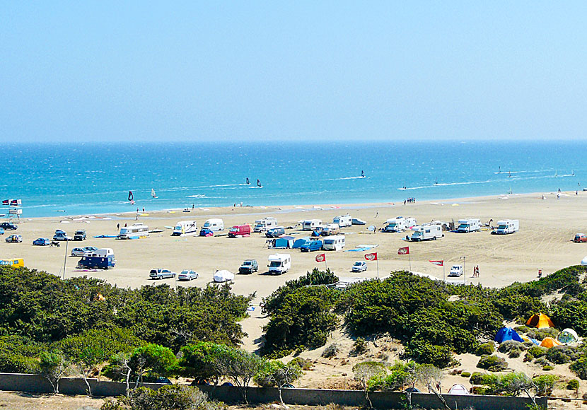 Parking spaces for mobile home cars at Prasonisi beach in Rhodes.