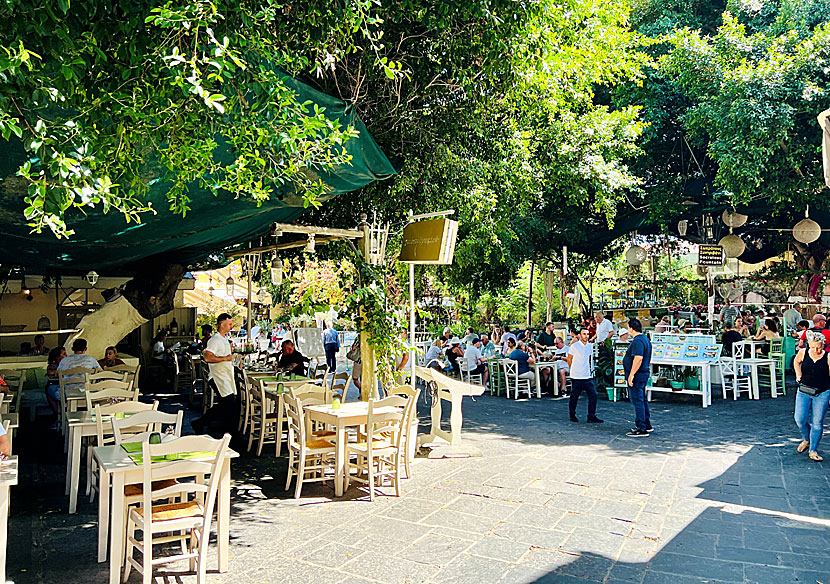 Restaurants by the Socrates Fountain in the old town of Rhodes.