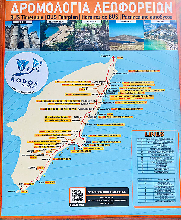 Bus routes and bus timetables in Rhodes.