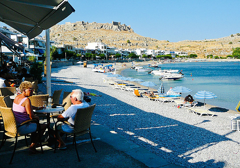 The beach promenade in the village of Haraki on Rhodes in the Dodecanese.