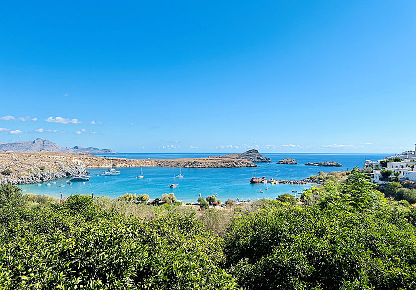 The very beautiful Lindos Bay in Rhodes.