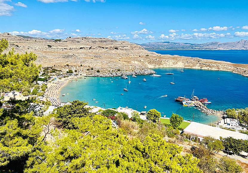 Lindos beach seen from the Acropolis of Rhodes.