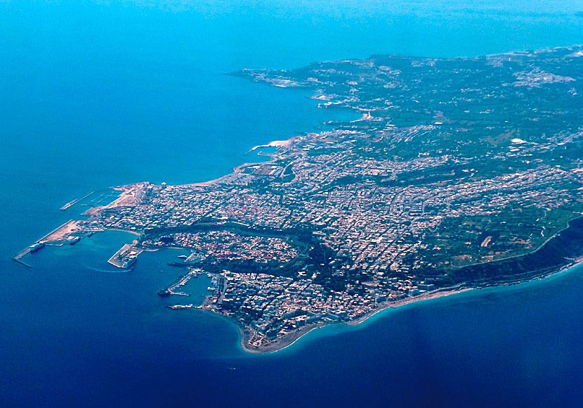 Rhodes new and old town seen from an airplane.