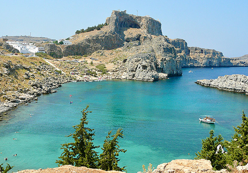 Acropolis rock above Lindos seen from Agios Pavlos bay.