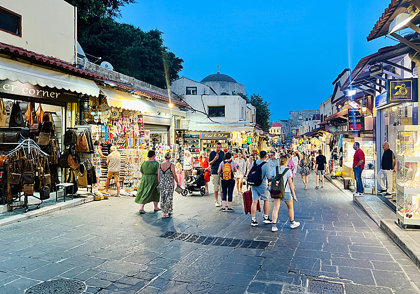 The Socrates shopping street in Rhodes Old Town starts at Hippocrates square and ends at the Suleiman Mosque.