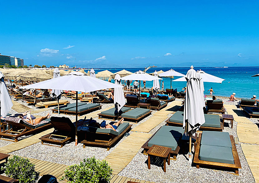 Sunbeds below Taverna Meltemi on Elli beach in Rhodes town.