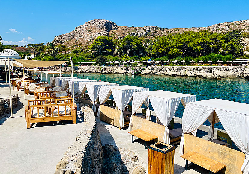 Luxurious, and very expensive, sunbeds on the rocks above Kallithea Springs.