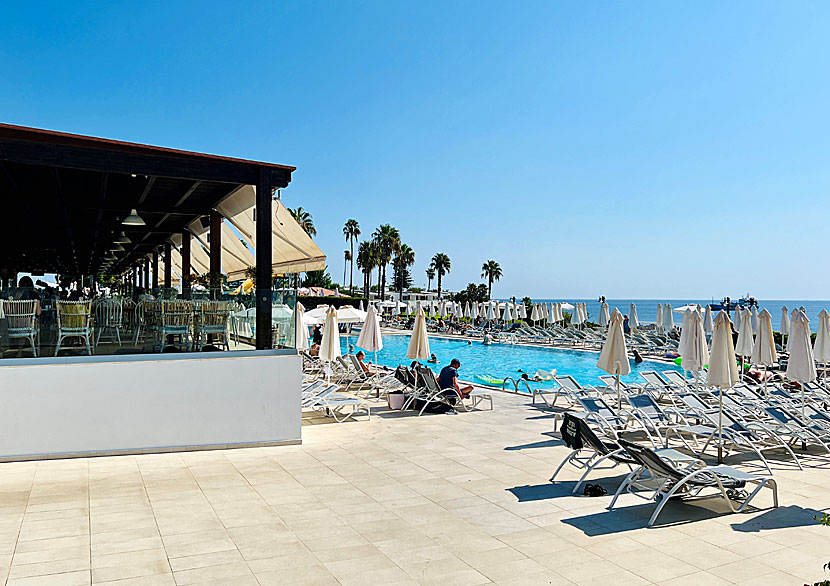 Restaurants and swimming pools at the Sunwing Kallithea beach hotel in Rhodes.